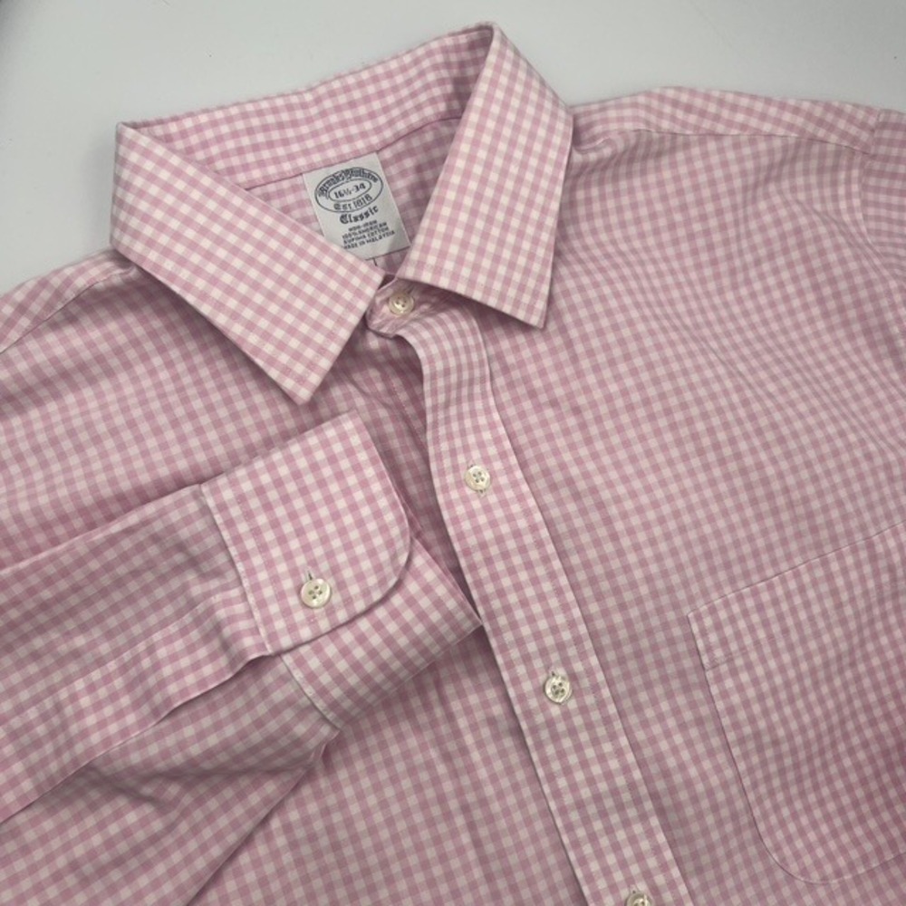 Brooks Brothers Classic Pink‎ Gingham Non-Iron Supima Cotton Dress Shirt 16.5-34